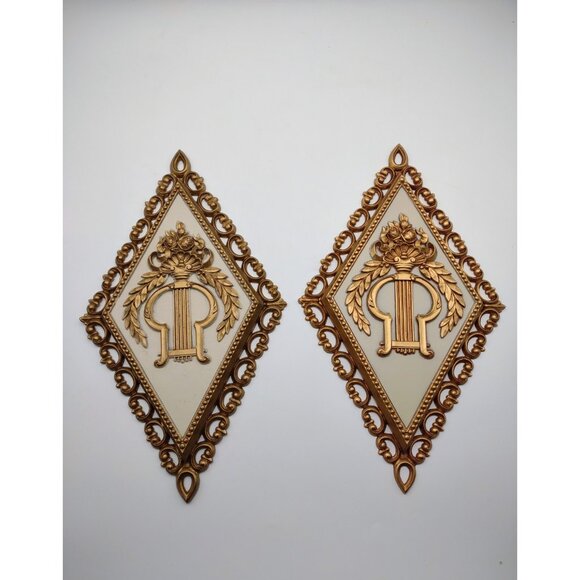 Vintage 1970s Homco Art Nouveau Greek Gold Tone Diamond Resin Wall Plaques - Picture 4 of 16